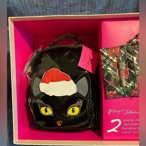 Betsey Johnson kitsch patent black cat mini backpack and card case set